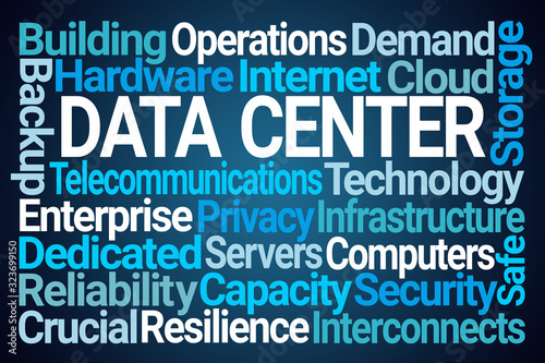 Data Center Word Cloud on Blue Background