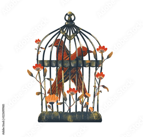 Textural raster bird's cell for creating fashion prints, postcard, wedding invitations, banners, floral arrangement illustrations, bouquets. Bird cage for domestic birds. Pet shop accessory.