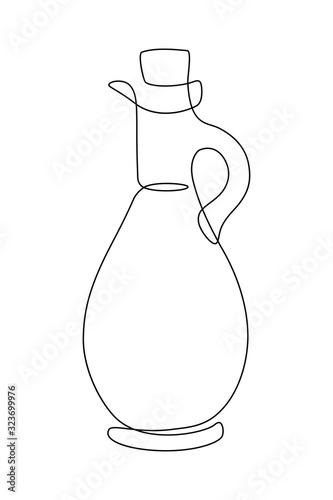 Glass bottle jug for olive oil or other liquids in continuous line art drawing style. Minimalist black linear sketch isolated on white background. Vector illustration