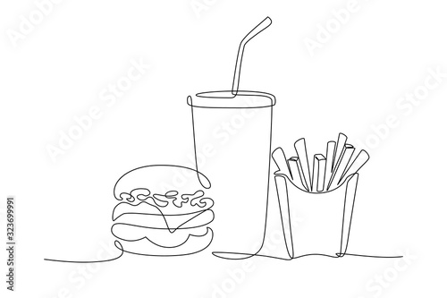 Burger, soda and french fries takeout food in continuous line art drawing style. Fast food minimalist black linear sketch isolated on white background. Vector illustration