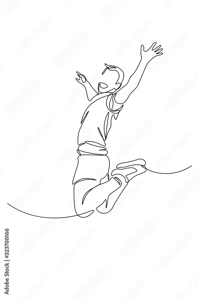 Happy man jumping for joy in continuous line art drawing style. Victory, success and freedom concept. Black linear sketch isolated on white background. Vector illustration Happy man jumping for joy in continuous line art drawing style. Victory, success and freedom concept. Black linear sketch isolated on white background. Vector illustration