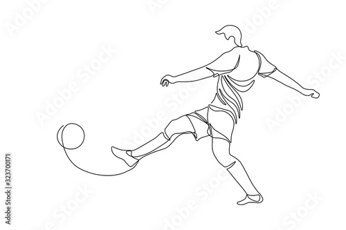 Football player kicking a ball in continuous line art drawing style. Soccer game playing black linear sketch isolated on white background. Vector illustration