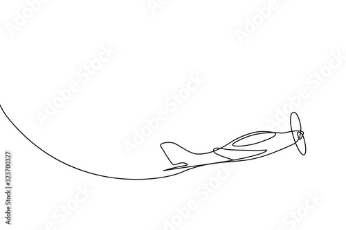 Small plane taking off in continuous line art drawing style. Private airplane flight minimalist black linear sketch isolated on white background. Vector illustration