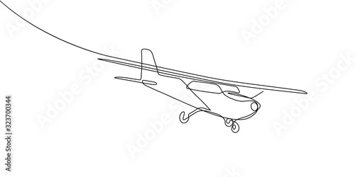 Small plane flying in the sky in continuous line art drawing style. Private airplane black linear sketch isolated on white background. Vector illustration