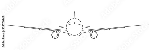 Front view of passenger plane flying. Traveling by airplane. Continuous line art drawing style. Black linear sketch isolated on white background. Vector illustration