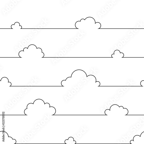 Seamless pattern with simple cartoon clouds in continuous line art drawing style. Black linear design on white background. Vector illustration