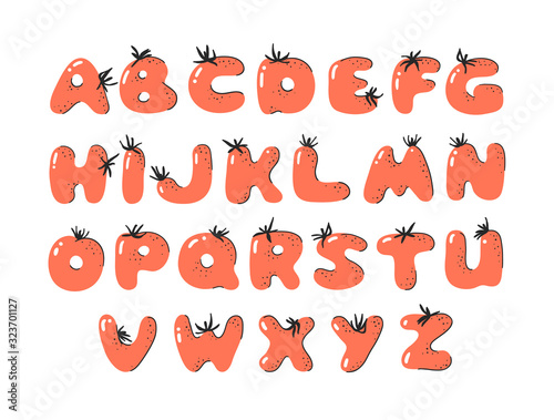 Cartoon vector illustration tomatos  ABC. Hand drawn font with vegan food. Actual Creative art vegetarian alphabet 