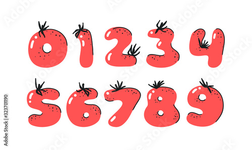 Cartoon vector illustration tomatos  ABC. Hand drawn font with vegan food and word LOL. Actual Creative art vegetarian alphabet 