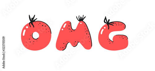 Cartoon vector illustration tomatos  ABC. Hand drawn font with vegan food and word LOL. Actual Creative art vegetarian alphabet 