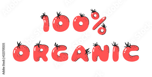 Cartoon vector illustration tomatos  ABC. Hand drawn font with vegan food and word LOL. Actual Creative art vegetarian alphabet 