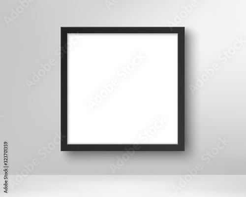 Realistic empty black picture frame. Poster in the frame on the wall. Blank white picture mockup template. Vector design