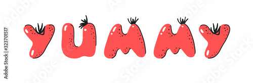 Cartoon vector illustration tomatos  ABC. Hand drawn font with vegan food and word LOL. Actual Creative art vegetarian alphabet 
