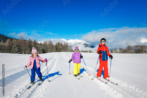 Childs Cross-Country Skiing in European Alps at La Livraz, Nordic ski center located in Megève in the French Alps between the Aravis mountain range and the Mont Blanc massif, Haute-Savoie.