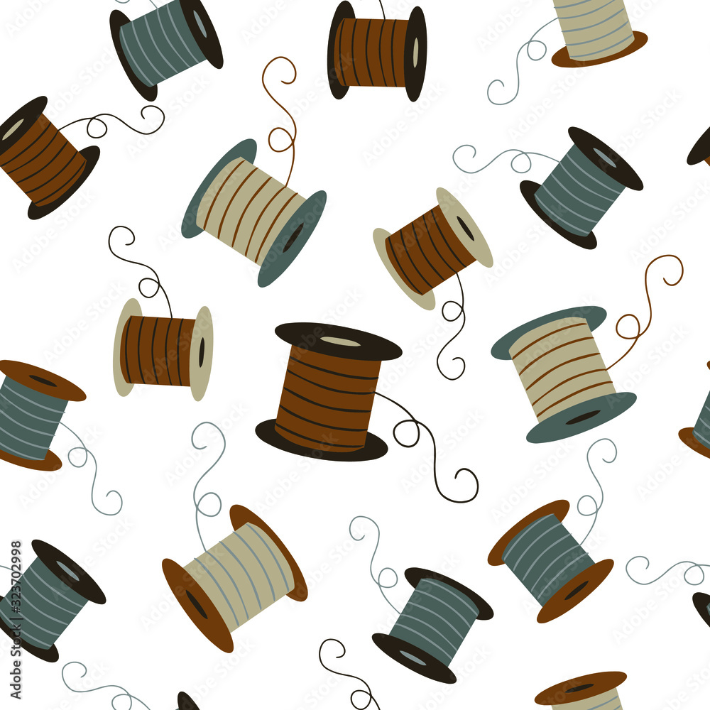 Seamless pattern with hand drawn vector elelements: brown, grey and beige sewing thread 
