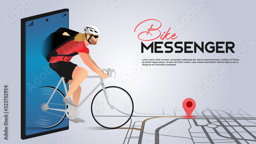 bike messenger on mobile city bicycle currier with city map and pin location route tracking Webpage, app design. Gray background. Perspective vector