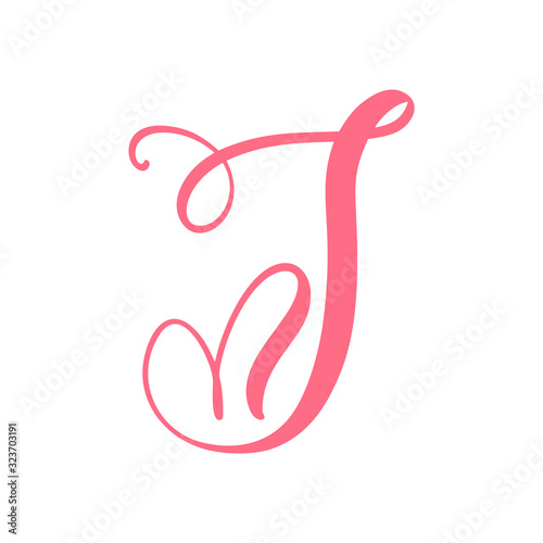 Vector Vintage floral monogram letter J. Calligraphy element heart logo Valentine card flourish frame. Hand drawn Love sign for page decoration and design illustration