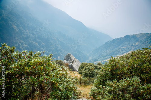 Indian magic Himalayas mountains in Dharamshala Treck to Triud. Himachal Pradesh