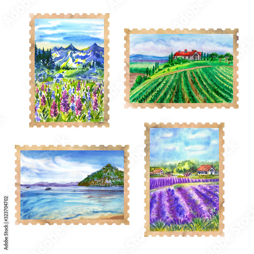 Stamps from travels  mountains  sea  beach  vineyard  lavender fields  watercolor illustration on a white background.
