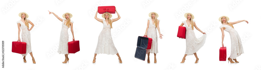 Woman with red suitcase isolated on white Woman with red suitcase isolated on white