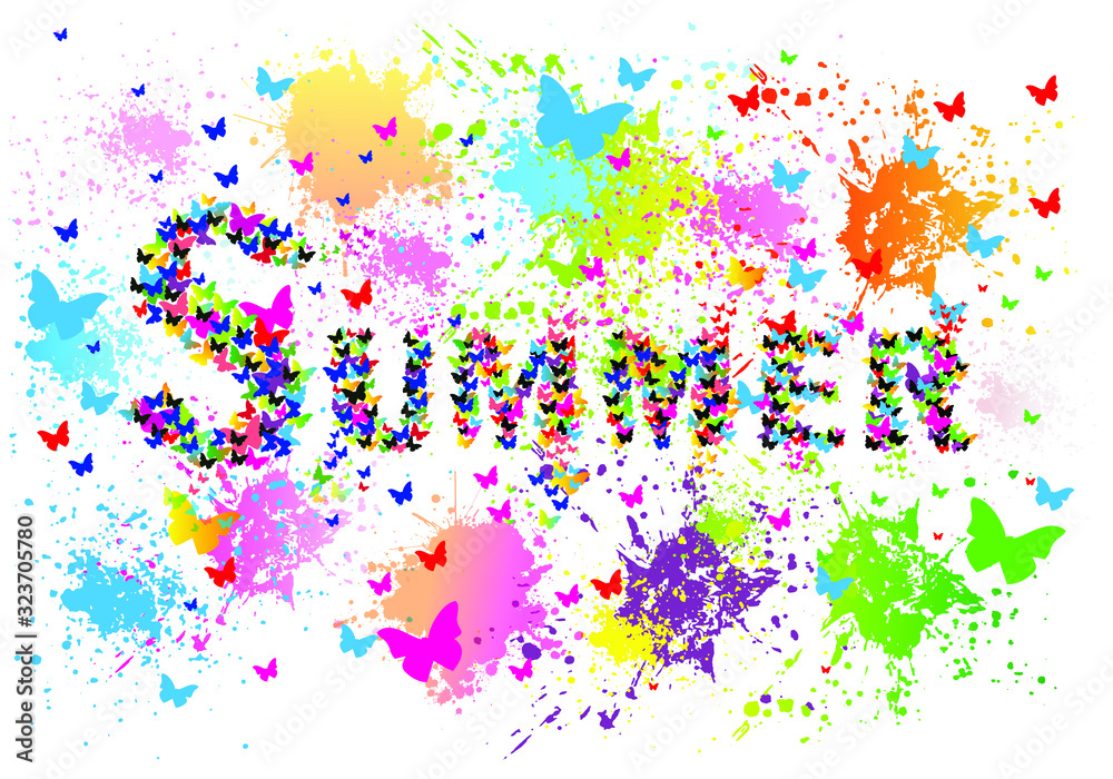 Hello Summer From Butterflies. Colorful Background. paint, drops, ink splashes. Vector illustration.