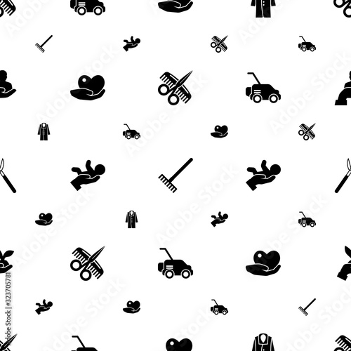 care icons pattern seamless. Included editable filled Hairdressing salon, Rake, coat, caring, babysitting service, Lawnmower, Gardening scissors icons. care icons for web and mobile.
