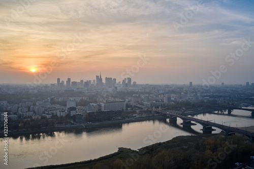 Aerial view of skyscrapers in the center of the Warsaw at sunrise. © maksym