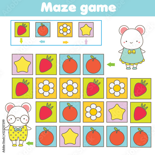 Maze game. Labyrinth with navigation. Help cute animals find each other