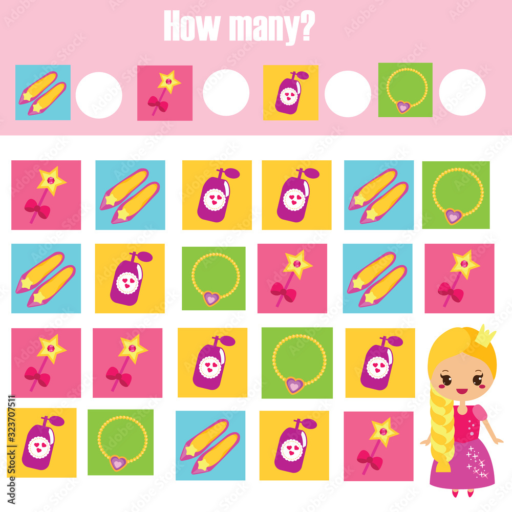 Mathematics educational children game. Study counting, numbers, addition. Princess theme kids math activity