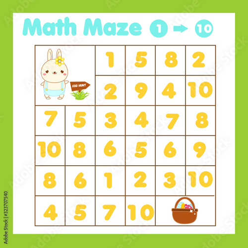 Educatiional children game. Mathematics maze. Labyrinth with numbers. Counting from one to ten. Easter theme activity for toddlers and kids