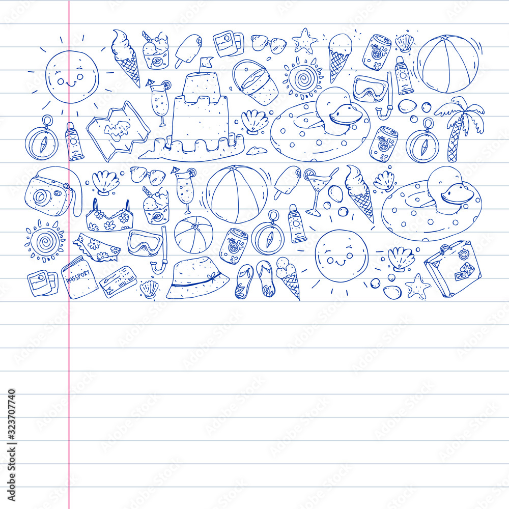 Vector pattern with travel and beach icons. Vector pattern with travel and beach icons.