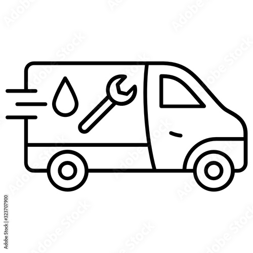 Express Plumbing Service Van Concept, Wrench and Water Drop Sign  Presenting emergency repair on white background