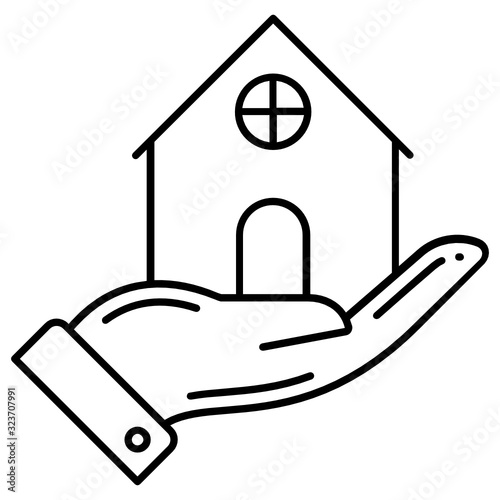 Home Remodeling and renovating. Concept vector icon design. Human Hand Holding a Model Home on white background.