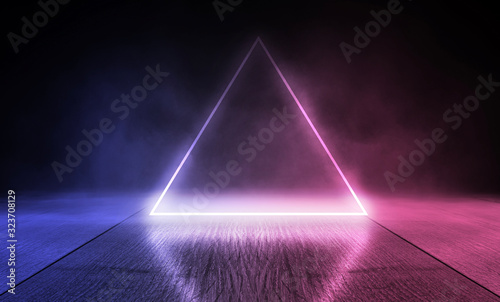 Background of empty stage show. Neon blue and purple light and laser show. Laser futuristic shapes on a dark background. Abstract dark background with neon glow photo