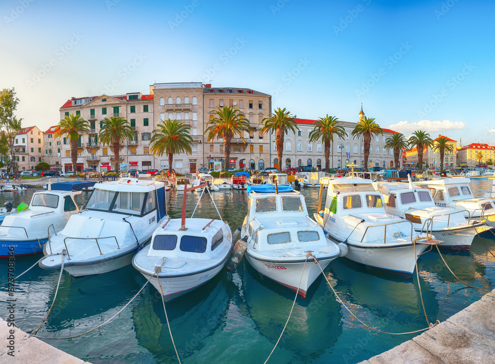 Amazing view of the promenade the Old Town of Split with boats and yachts in marina