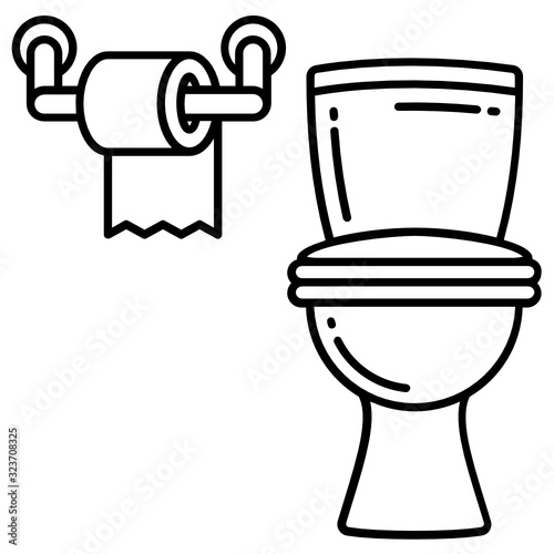 Toilet Repair Plumbing Services, Ceramic Flush Bowl with Tissue Roll on the Wall Vector Icon Design