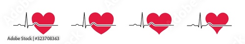 Heartbeat line in red and black. Heart rate line and heart. Isolated vector elements.