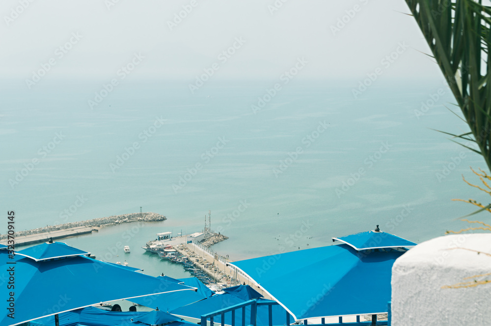 Obraz premium A small harbor with sailboats in the Mediterranean Sea in the city of Sidi Bou Said near Tunisia