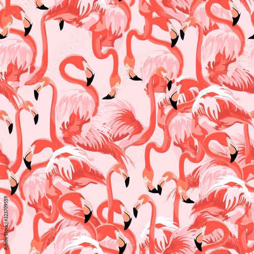 Pink flamingo, pink background. Floral seamless pattern. Tropical illustration. Exotic  birds. Summer beach design. Paradise nature.