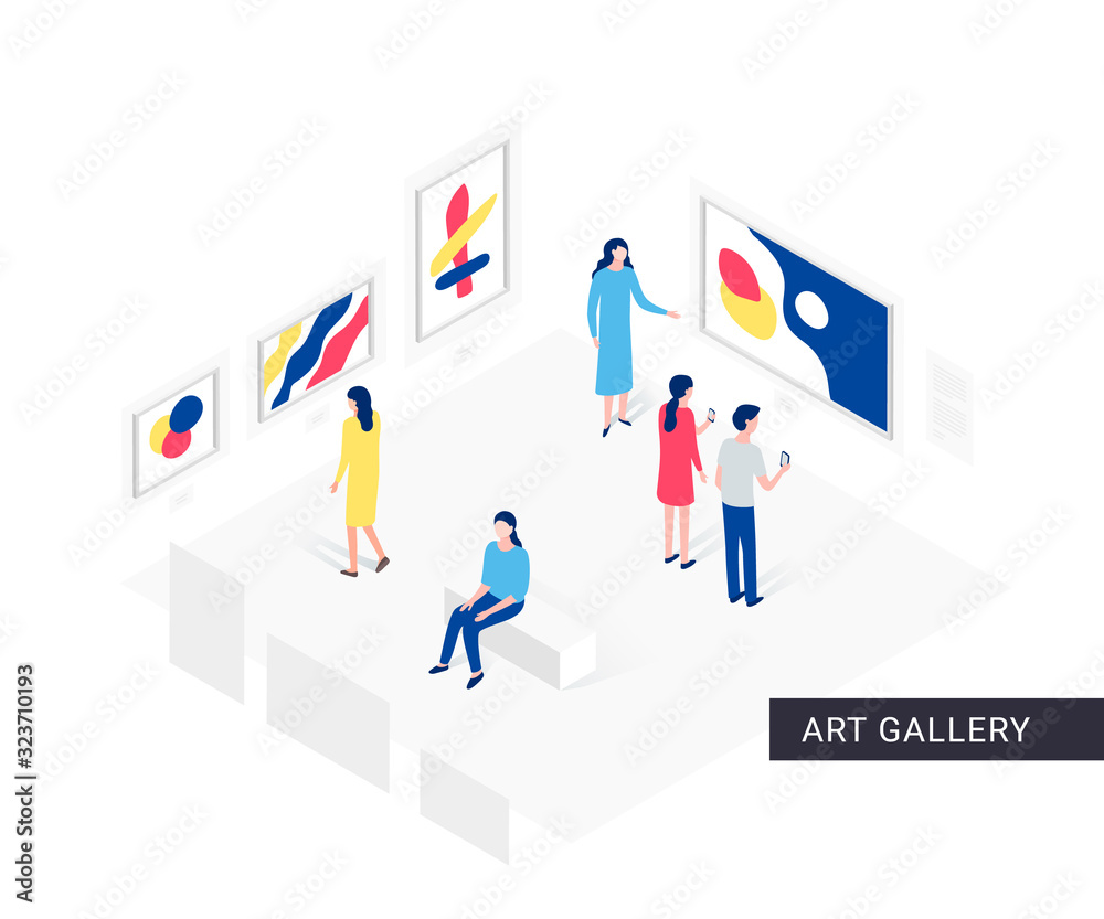 People in art gallery isometric concept People in art gallery isometric concept