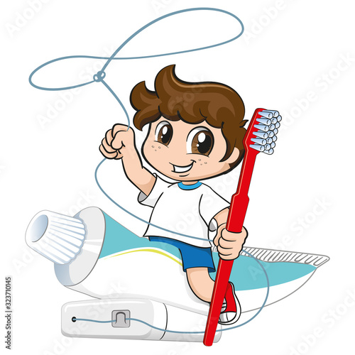 Illustration caucasian boy riding on tube of toothpaste holding toothbrush and dental floss, Oral Hygiene. Ideal for educational institutional campaigns