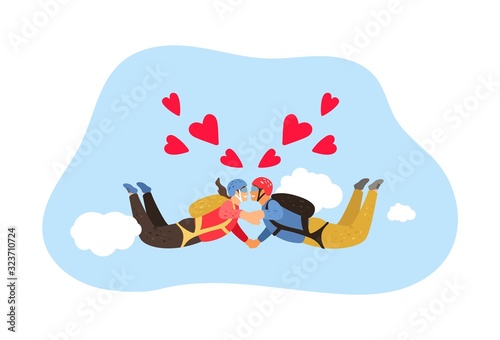 Free fall. Skydiving hobby, couple falling in love metaphor. Man and woman kiss in flying vector illustration