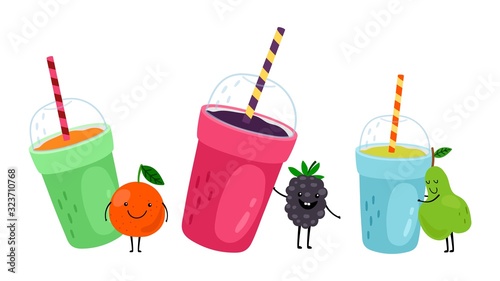 Fruits drinks. Happy cartoon orange, pear and blackberry. Take away cups with smoothie or fresh juices. Isolated bright healthy beverages vector illustration