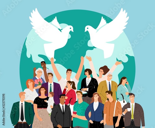 World peace day. Multicultural crowd people. Happy international friends, friendship and humanity. Multiethnic society vector illustration