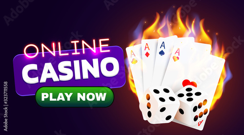 Burning Casino Poker Cards and dices. Online casino and flaming gambling concept.