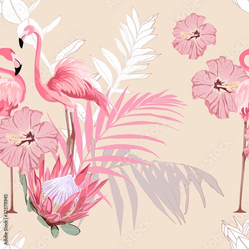 Pink flamingo and exotic flowers, palm leaves, yellow background. Floral seamless pattern. Tropical illustration. Exotic plants, birds. Summer beach design. Paradise nature.