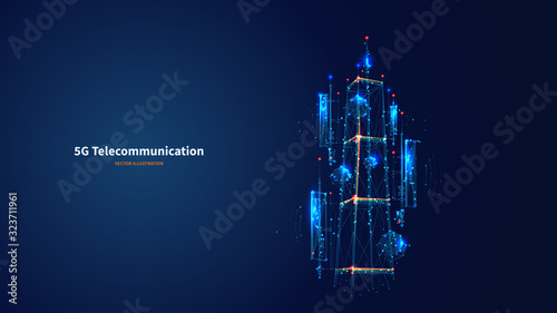 Blue abstract 3d isolated 5G antenna on innovation technology background. Low poly wireframe digital vector.Polygons and connected dots.Internet telecommunication tower futuristic concept.