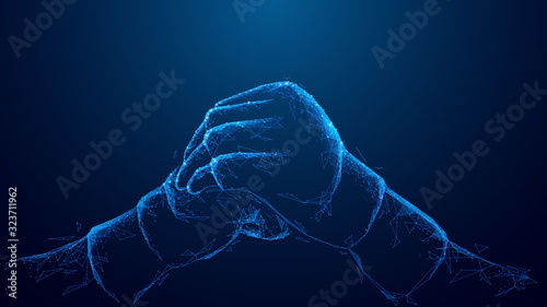 Blue abstract 3d isolated MMA gloveson innovation technology background. Low poly wireframe digital graphic stock vector illustration.Polygons, lines, particles, and connected dots.Martial arts fut