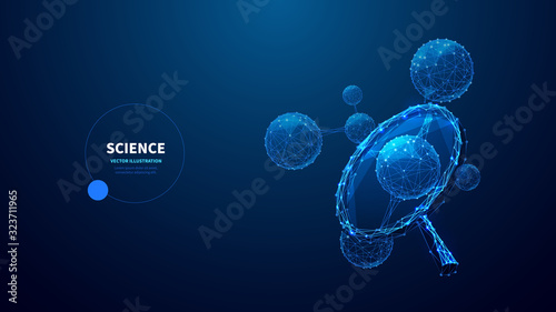 Science low poly wireframe banner vector template. Biochemistry, microbiology, medical research lab poster polygonal design with text space. Molecule structure 3d mesh art with connected dots