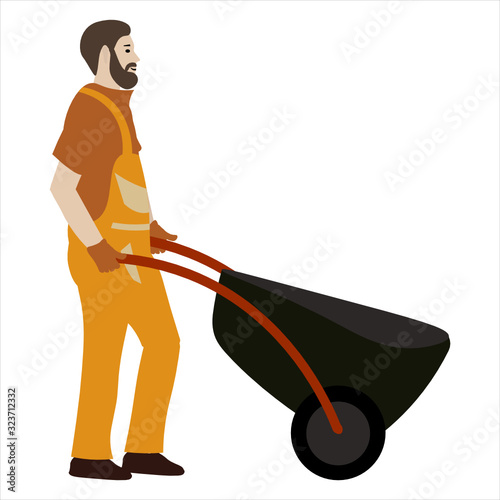 Gardener working flat vector illustration isolated on white background. Handyman farmer in orange overalls with a garden wheelbarrow.