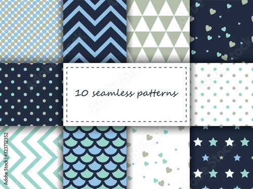 10 beautiful seamless geometric patterns. Dark blue and turquoise.